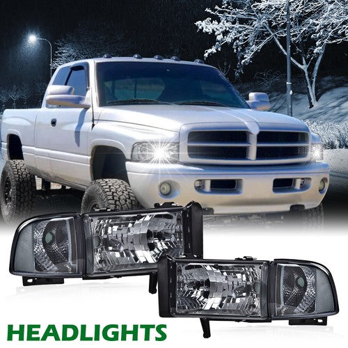 Solid Spare Fit For 94-02 Dodge Ram 1500 2500 3500 Smoke Lens Clear Corner Headlights