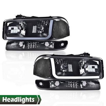 Solid Spare Fit For 1999-2007 GMC Sierra/Yukon LED DRL Smoke Black Headlights+Bumper Lamps