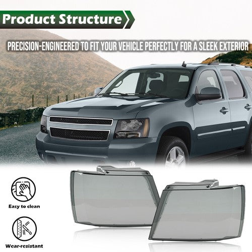 Solid Spare Fit For 07-2014 Chevy Tahoe Suburban Headlights Headlamp Lens Smoked Cover 2Pcs