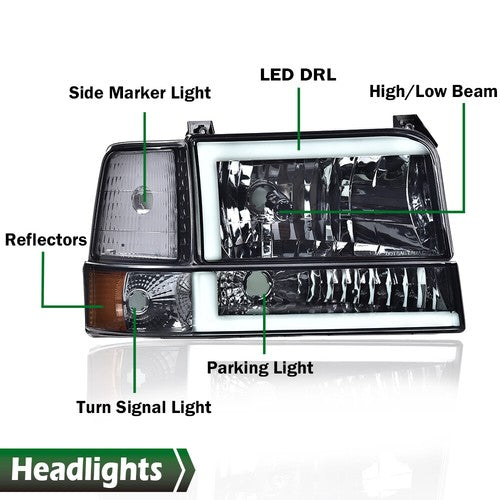 Solid Spare Fit For 1992-1996 Ford F150 F250 F350 Bronco Smoke/Chrome LED DRL Headlights