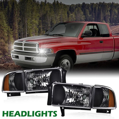 Solid Spare Amber Corner Black Headlights Assembly Fit For 94-02 Dodge Ram 1500 2500 3500