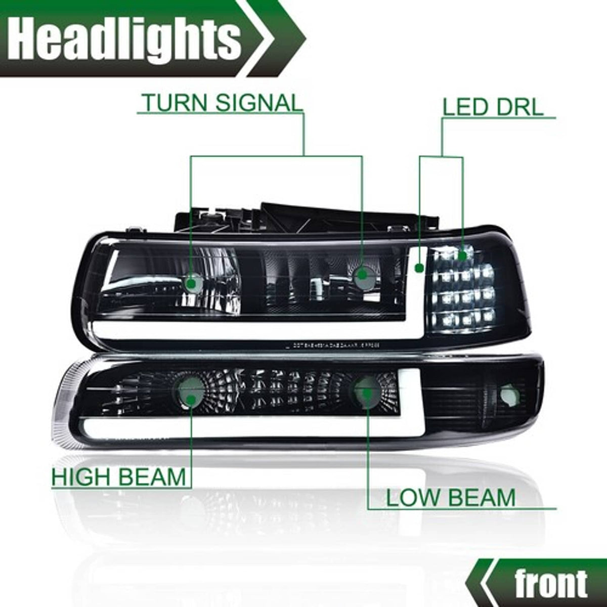 Solid Spare Fit For 99-02 Chevy Silverado/00-06 Suburban Tahoe LED BAR DRL Black Headlights