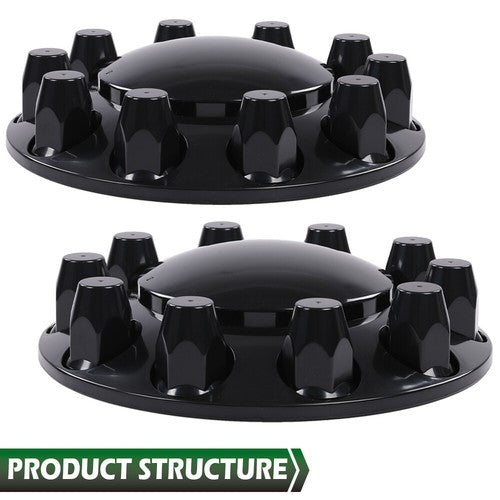 Solid Spare Black Front Axle Wheel Cover w/ Hub Cap 33mm Lug Nuts For Semi Truck Set of 2