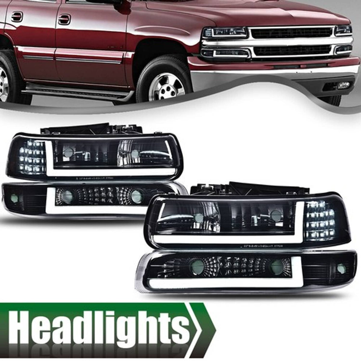 Solid Spare Fit For 99-02 Chevy Silverado/00-06 Suburban Tahoe LED BAR DRL Black Headlights