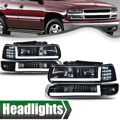 Solid Spare Fit For 99-02 Chevy Silverado/00-06 Suburban Tahoe LED BAR DRL Black Headlights