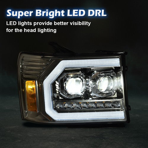 Solid Spare LED DRL Tube Projector Chrome Headlights Fit For 07-13 GMC Sierra 1500 2500HD
