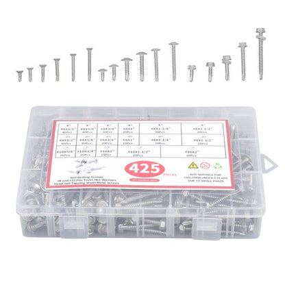 Solid Spare 425PC 410 Stainless Steel Self-Tapping Screws #8 #10 Self-Drilling Set