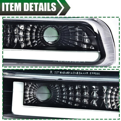 Solid Spare Fit For 99-02 Chevy Silverado/00-06 Suburban Tahoe LED BAR DRL Black Headlights