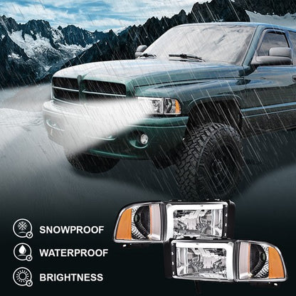 Solid Spare Fit For 1994-2002 Dodge Ram 1500 2500 3500 Amber/Chrome LED Tube Headlights