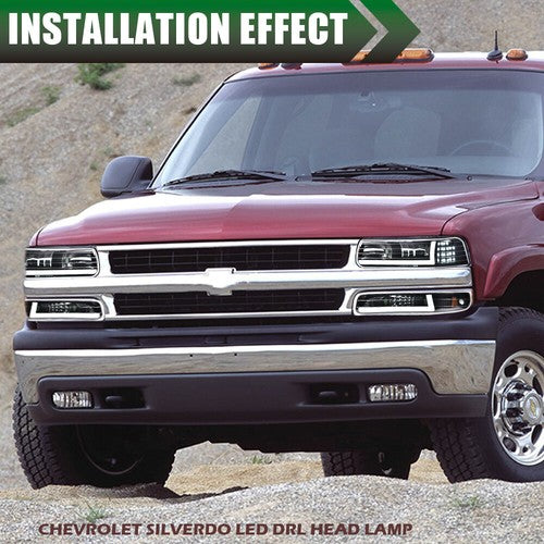 Solid Spare [LED DRL]Fit For 99-02 Chevy Silverado 1500 2500 HD Headlight+Bumper Lamps Black