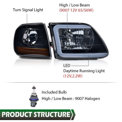 Solid Spare LED Tube Headlights & Corner Parking Lights Smoke Fit For 97-04 F150 Expedition