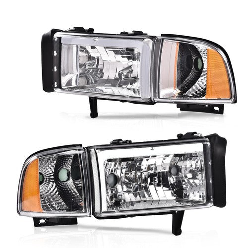 Solid Spare Fit For 1994-2002 Dodge Ram 1500 2500 3500 Amber/Chrome LED Tube Headlights