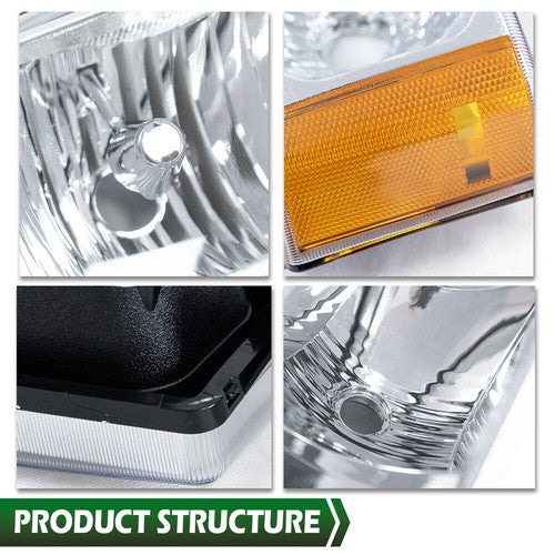 Solid Spare Chrome Housing Headlight Amber Signal+Bumper Fit For 03-07 Silverado/Avalanche