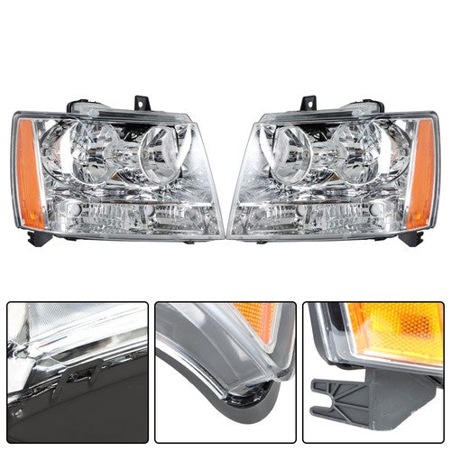 Solid Spare Chrome New For Chevy Avalanche/Suburban/Tahoe 2007-2014 Halogen Pair Headlights