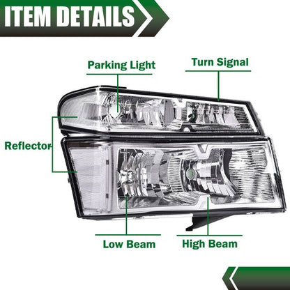 Solid Spare Clear Chrome Headlights Bumper Lights Fit For 04-12 GMC Canyon Chevy Colorado