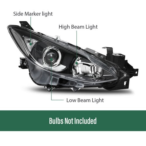 Solid Spare Fit For 2014-2016 Mazda 3 Clear/Black Projector Headlights Assembly Left+Right