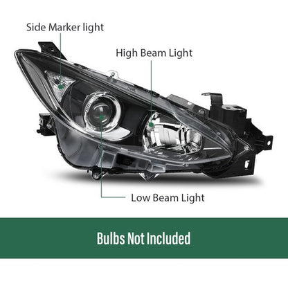 Solid Spare Fit For 2014-2016 Mazda 3 Clear/Black Projector Headlights Assembly Left+Right