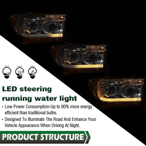 Solid Spare Fit For 07-13 Tundra 08-17 Sequoia Chrome/Amber LED Tube Projector Headlights