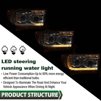 Solid Spare Fit For 07-13 Tundra 08-17 Sequoia Chrome/Amber LED Tube Projector Headlights