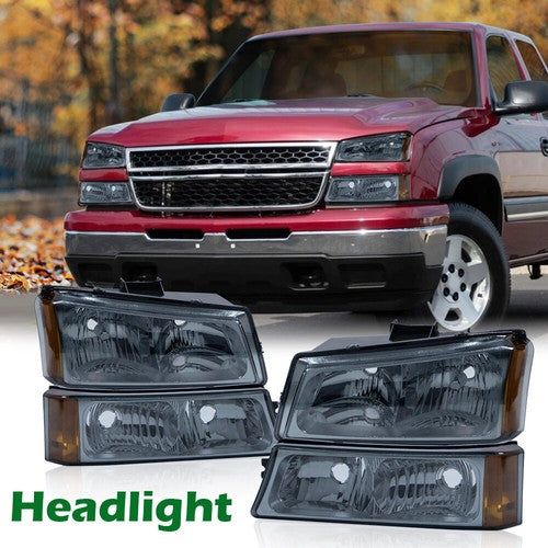 Solid Spare Fit For 2003-2007 Chevy Silverado Avalanche Headlights+Signal Bumper Lamps Smoke