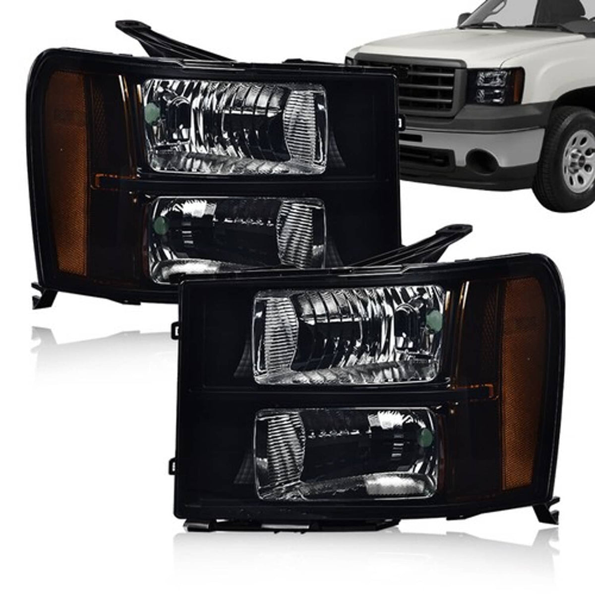 Solid Spare Fit For 2007-2014 GMC Sierra 1500 2500 3500 Smoked/Black Headlight Head Lamps