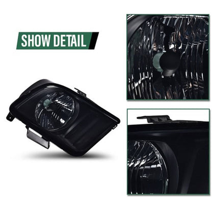 Solid Spare Fit For 2005-2009 Ford Mustang Black Housing Smoke Lens Headlights Left+Right
