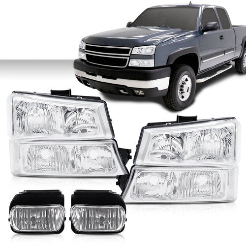 Solid Spare Clear Chrome Headlights+Fog Lights Fit For 2003-2007 Chevy Silverado Avalanche