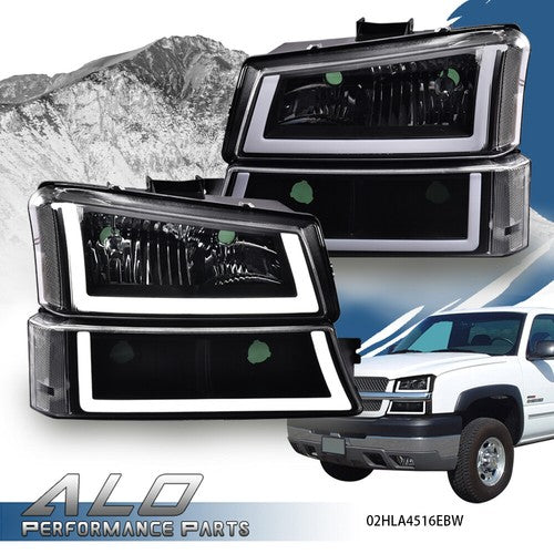 Solid Spare LED DRL Black Housing Clear Corner Headlights+Bumper Fit For 2003-2006 Silverado