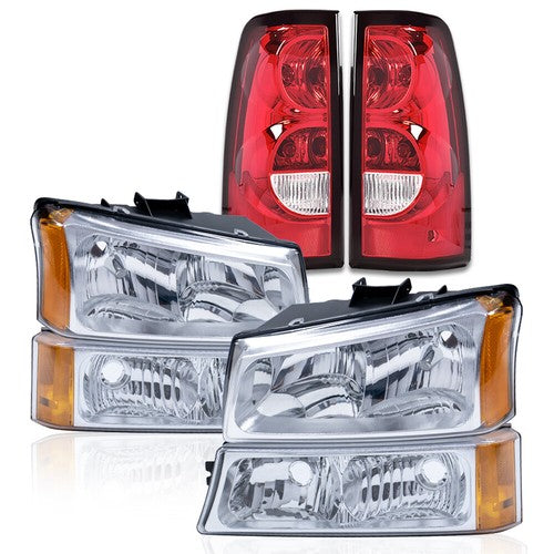 Solid Spare Fit For 03-06 Chevy Silverado Chrome /Clear Amber Corner Headlights +Tail Lights