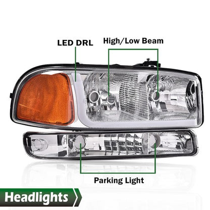 Solid Spare LED DRL Chrome Amber Headlights+Bumper Lamps Fit For 1999-2007 GMC Sierra/Yukon