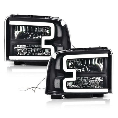 Solid Spare LED DRL Clear/Black Headlights Fit For 05-07 Ford F250 F350 F450 F550 Super Duty