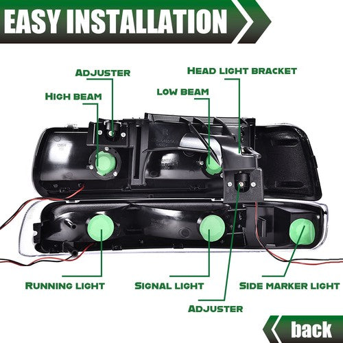 Solid Spare LED DRL Chrome Headlights+bumper Lamps Fit For 99-02 Chevy Silverado 00-06 Tahoe