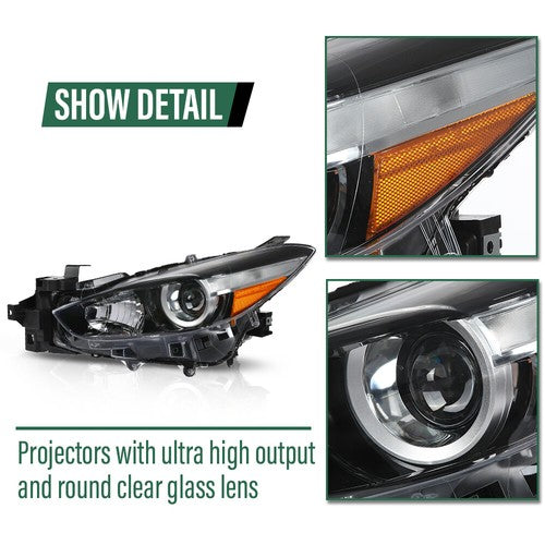 Solid Spare Black Halogen Projector Headlight Fit For 2017-2018 Mazda 3 Left Driver Side