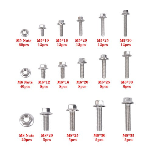 Solid Spare 240 pieces of M5, M6, M8 Flanged 304 Stainless Steel Bolts and Nuts Kit