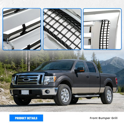 Solid Spare For 2009-2012 13 14 Ford F-150 F150 XLT Front Upper Bumper Grille Grill Chrome