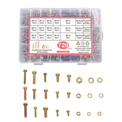 Solid Spare 720 PCS Heavy Duty M4 M5 M6 Alloy Steel Hexagon Bolts Nuts And Washers Kit
