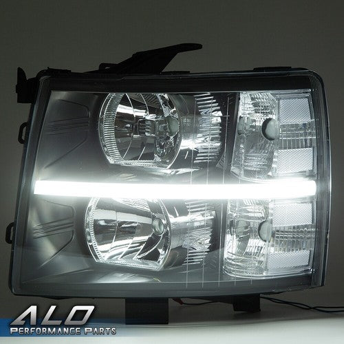 Solid Spare [LED DRL STRIP]FIT FOR 07-14 CHEVY SILVERADO BLACK HOUSING CLEAR CORNER HEADLIGH