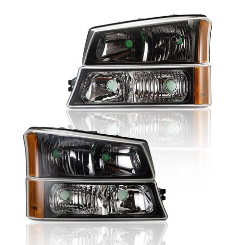 Solid Spare Fit For 2003-2006 Chevy Silverado Clear/Black Amber Signal Headlights Headlamps