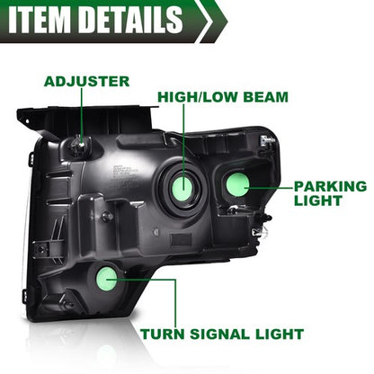 Solid Spare Fit For 09-14 Ford F150 Pickup Rear Tail Lights Brake Lamp+Smoke Lens Headlights