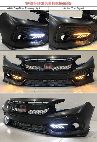 For 2016-2018 Honda Civic Si LED DRL Fog Lights Cover&Chrome Grille Grill