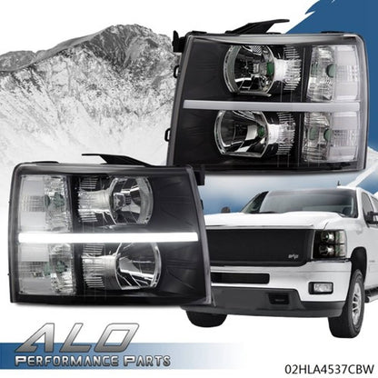 Solid Spare Fit For 2007-2014 Chevy Silverado LED DRL Strip Clear Black Headlights Headlamps