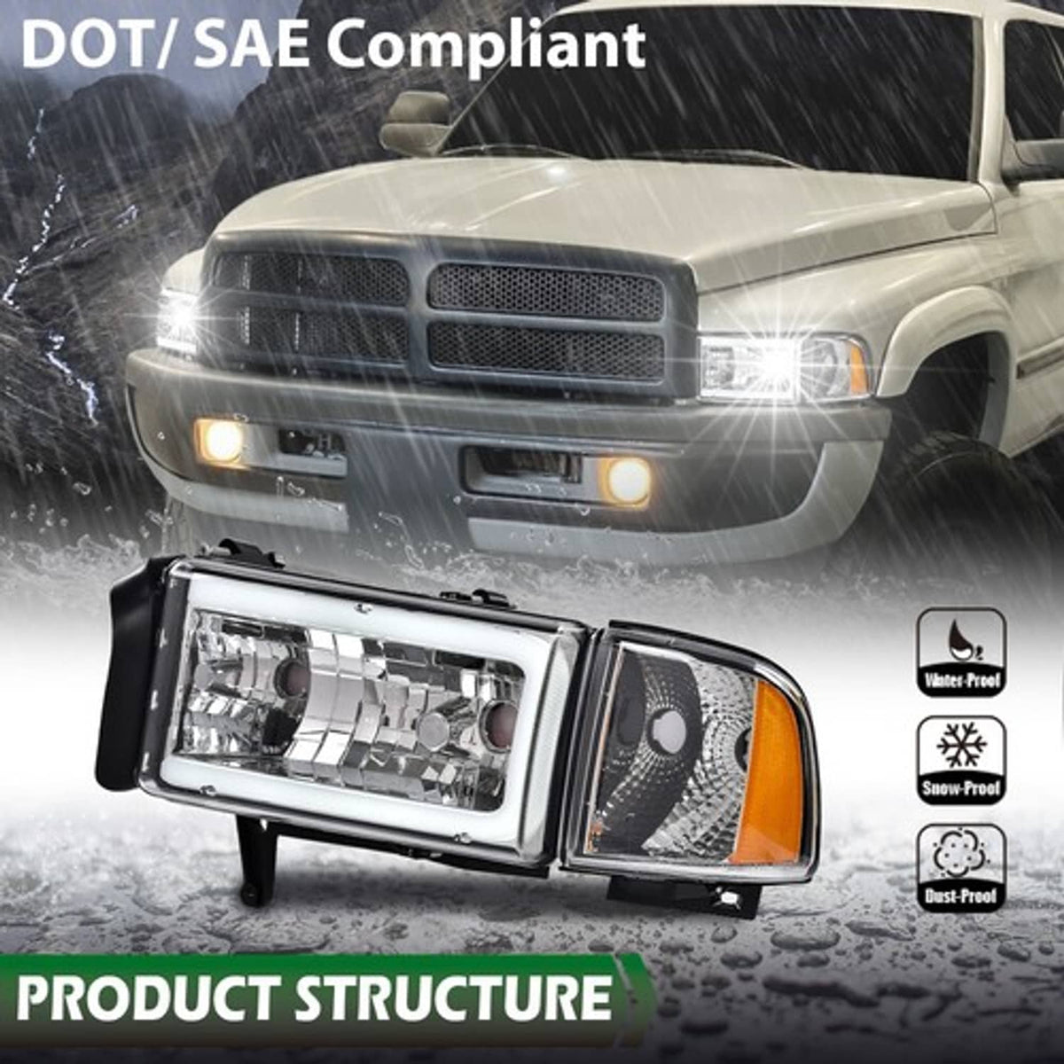 Solid Spare Fit For 1994-02 Dodge Ram 1500 2500 3500 Chrome Headlights LED Tube C Light Bar
