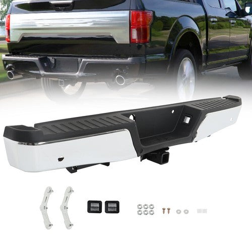 Solid Spare Chrome Rear Bumper For Ford F150 2015-2019 w/ Heavy Duty Tow & Sensor Hole