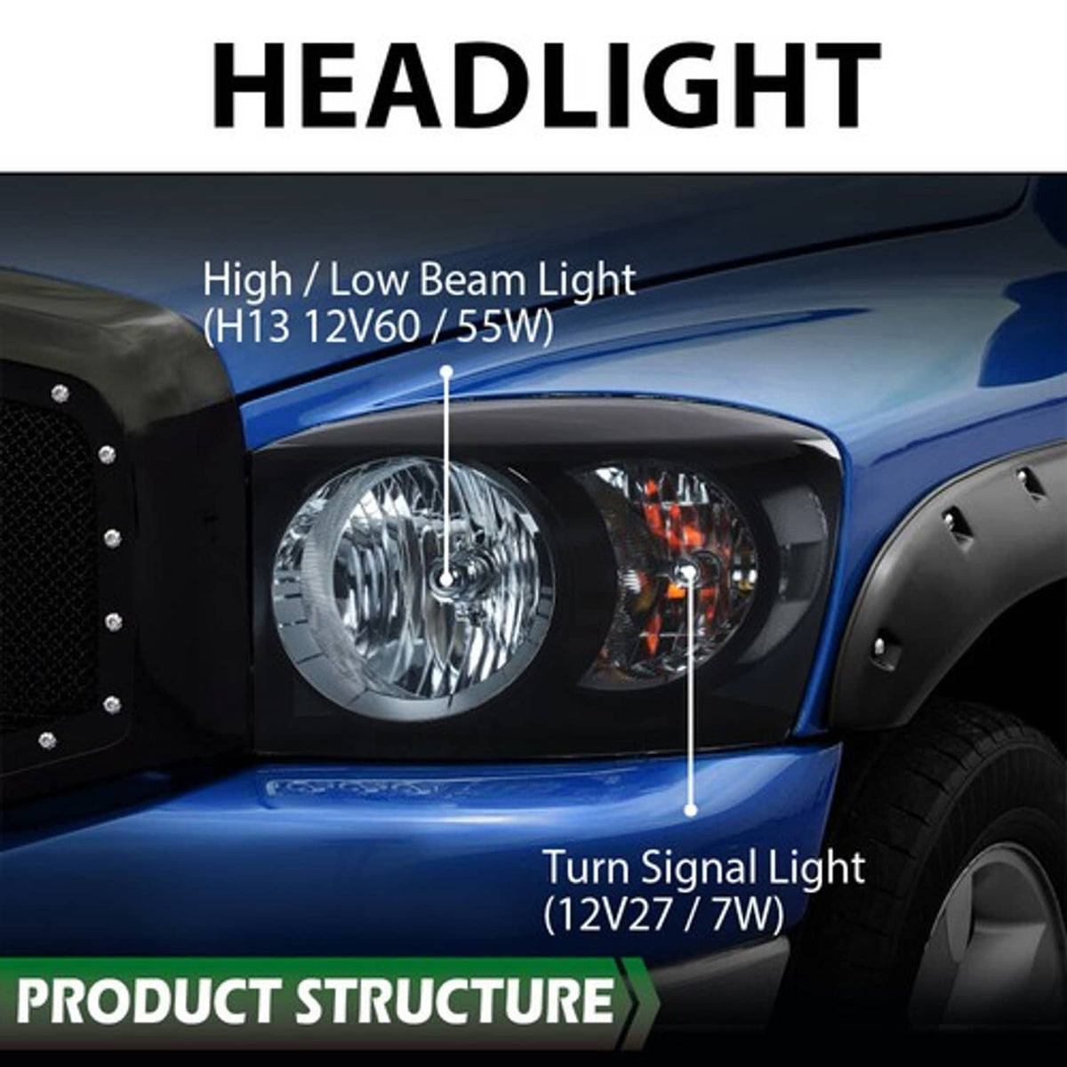 Solid Spare Fit For 06-09 Dodge Ram 1500 2500 3500 Smoke Black Headlights Headlamps