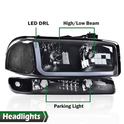 Solid Spare Fit For 1999-2007 GMC Sierra/Yukon LED DRL Smoke Black Headlights+Bumper Lamps