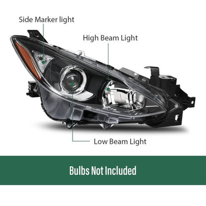 Solid Spare Fit For 2014-2016 Mazda 3 Amber/Black Projector Headlights Assembly Left+Right