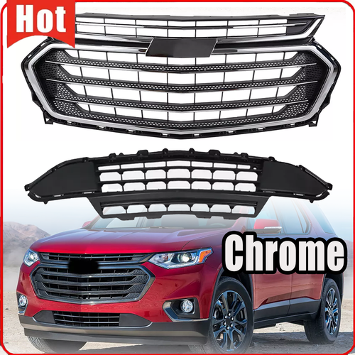 Chrome Front Bumper Upper+Lower Grille For Chevrolet Chevy Traverse 2018 19-2021