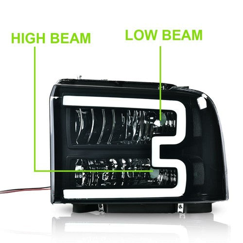 Solid Spare Fit For 2005-07 Ford F250 F350 Super Duty [LED DRL Bar] Headlights Smoked/Clear