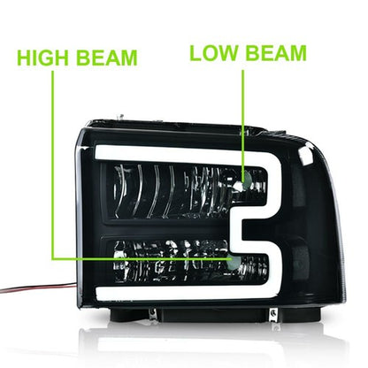 Solid Spare Fit For 2005-07 Ford F250 F350 Super Duty [LED DRL Bar] Headlights Smoked/Clear