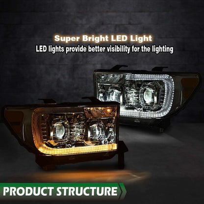 Solid Spare Fit For 07-13 Tundra 08-17 Sequoia Chrome/Amber LED Tube Projector Headlights